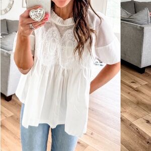 White short sleeve decorative statement blouse top